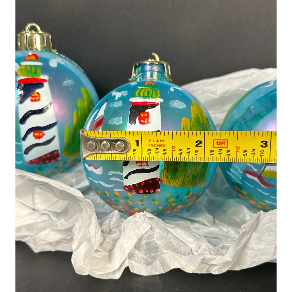Vintage Christmas Tree Ball Ornaments Lighthouse and Sailboat Blue - Set Of 4 - Picture 3 of 3